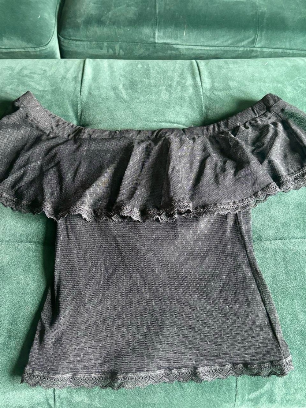 Off-Shoulder Black Ruffle Women's Top with Textured Mesh Overlay